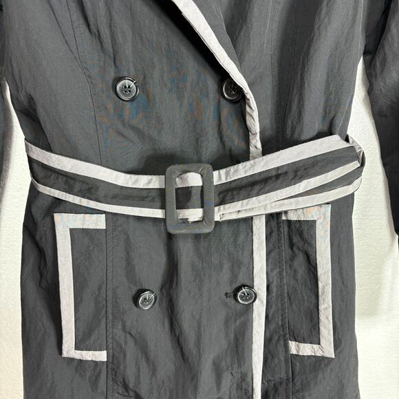Apostrophe Womens Trench Rain Coat Double Breasted Size Medium Black with Belt - Picture 7 of 16